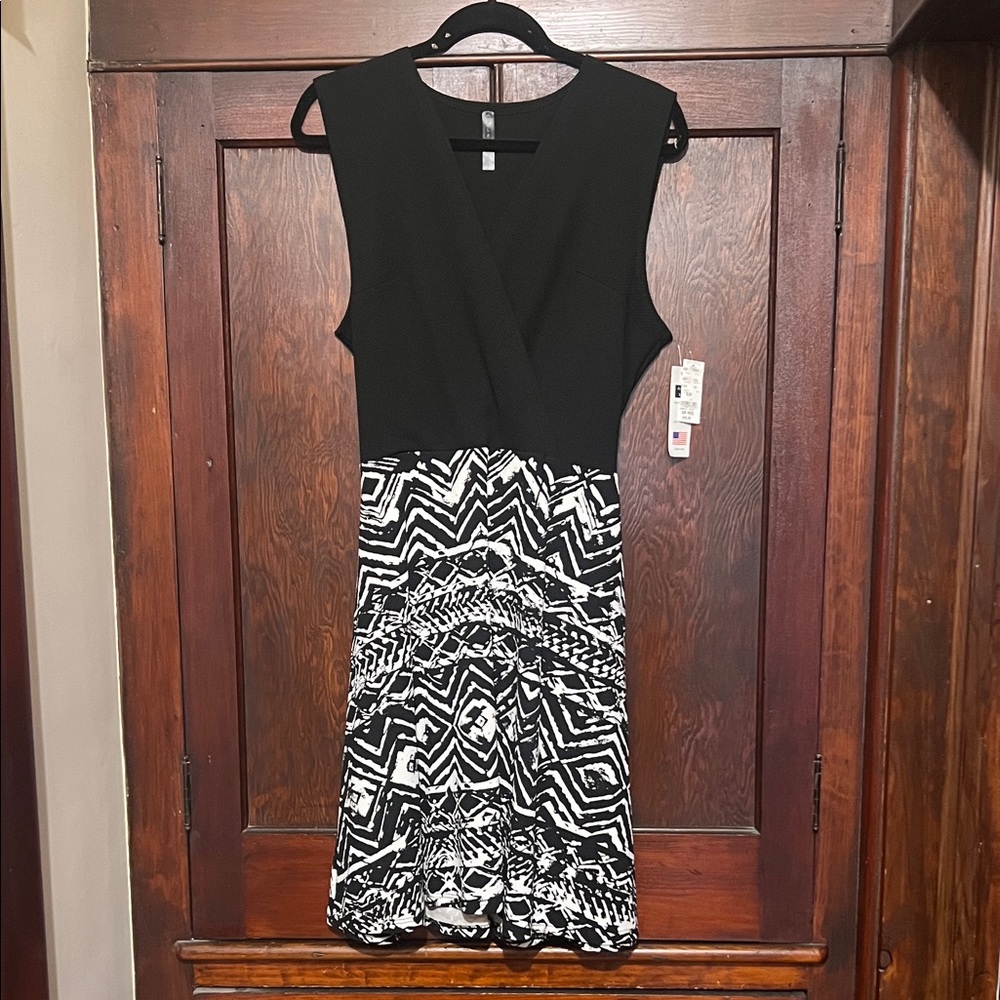 Ashley Blue Black Sleeveless Midi Dress with Black-and-White Patterned Skirt
